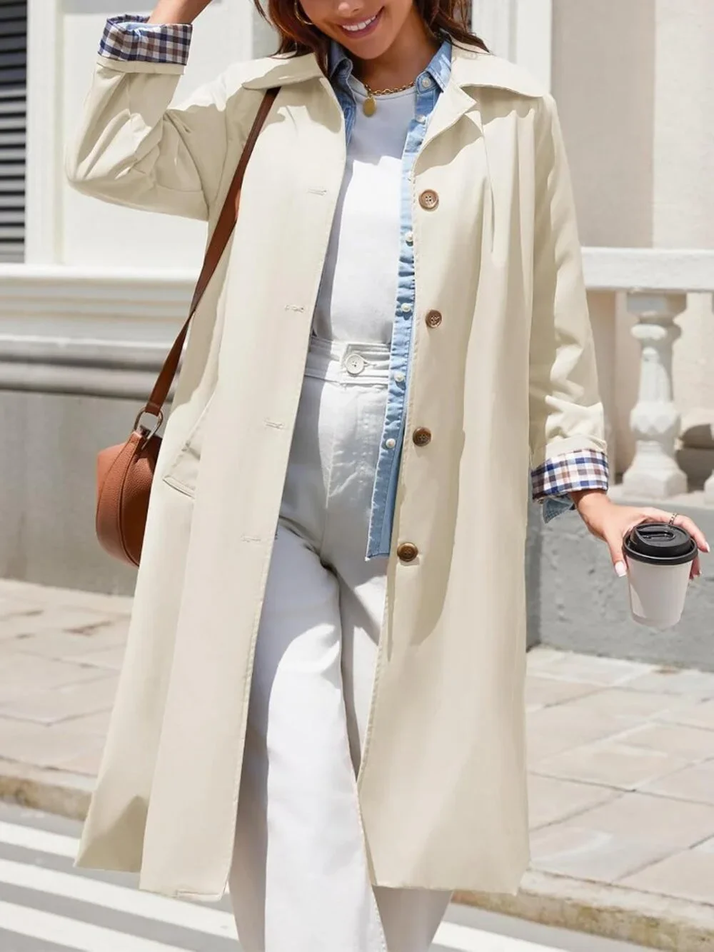 Women Apricot Long Sleeve Oversized Single Breasted Windproof Winter Trench Coat